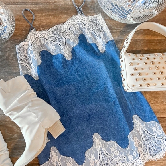 Denim Mini Dress with Lace Trim - Picture 4 of 9